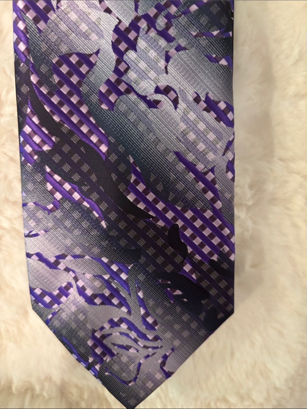 Menz GGG H.D. Series Purple and Gray Checkered Pattern with Floral Overlay Tie